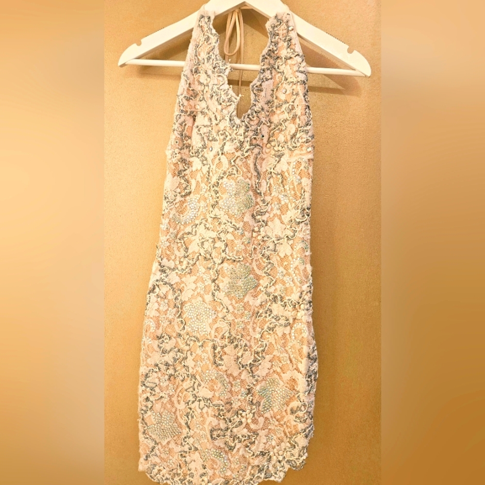 Elegant Lace Halter Dress - Cream and Nude With Silver Highlights